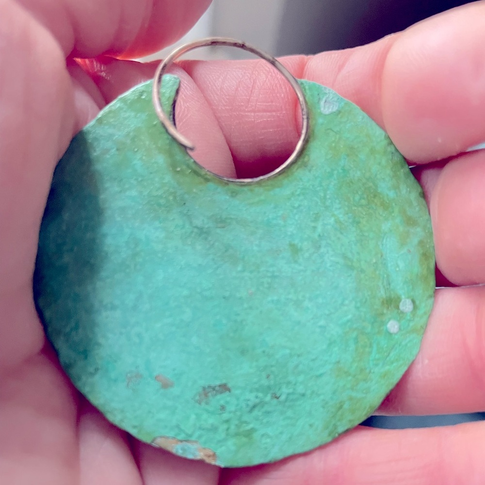 14 g mega brass blade hoop earrings with a blue green patina. Discomedusa made.